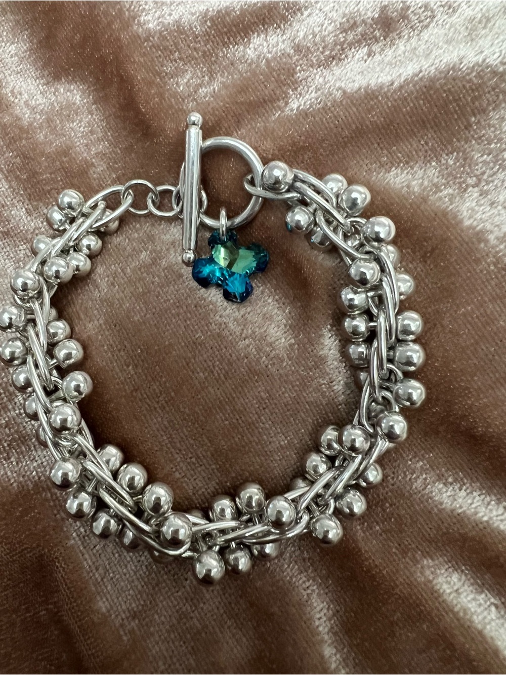 925 Silver popcorn Chain Bracelet with Blue-Green Crystal Charm